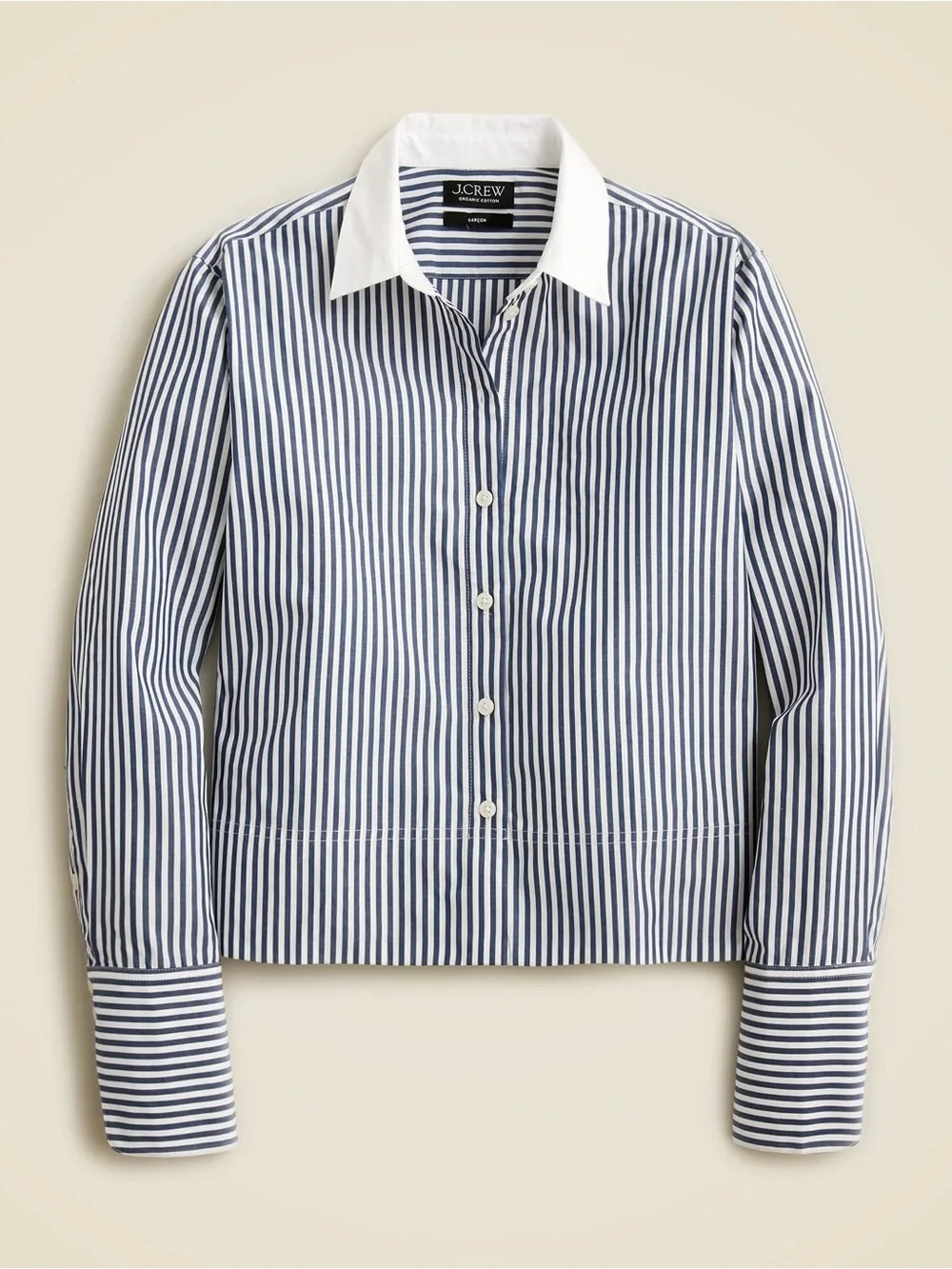 J. Crew Navy and White Striped Organic Cotton Button-Front Cropped Shirt